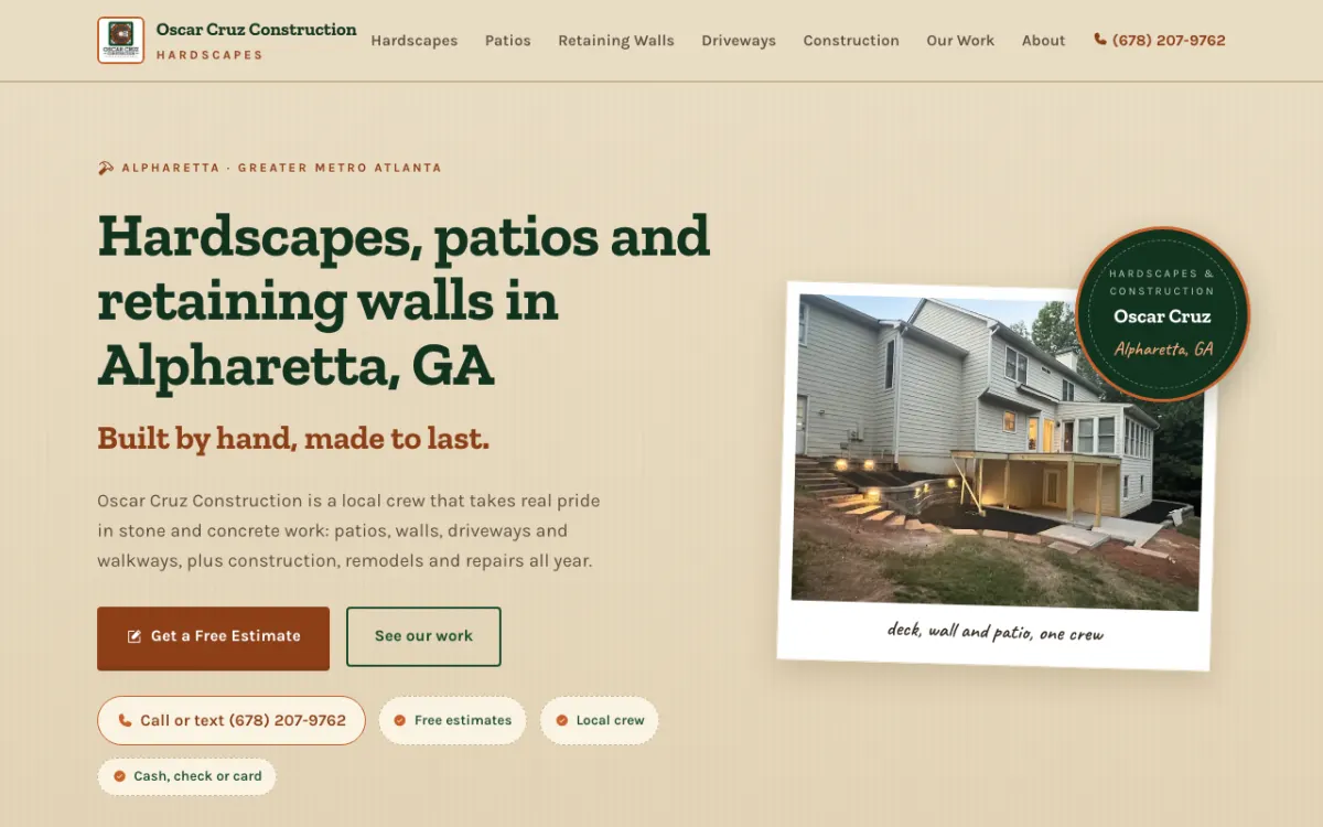 Homepage of oscarcruzconstruction.com, a hardscape contractor website built by Nocap Technologies